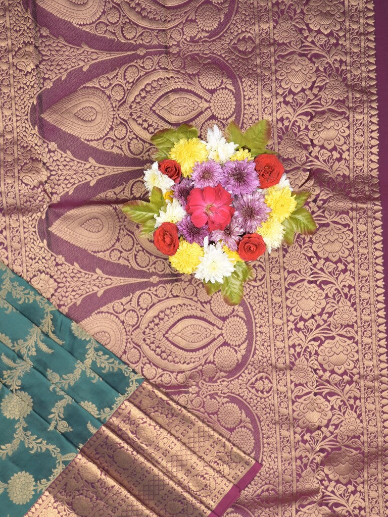 Kanchi pattu saree peacock blue color allover zari weaves & zari border with rich pallu and contrast plain blouse