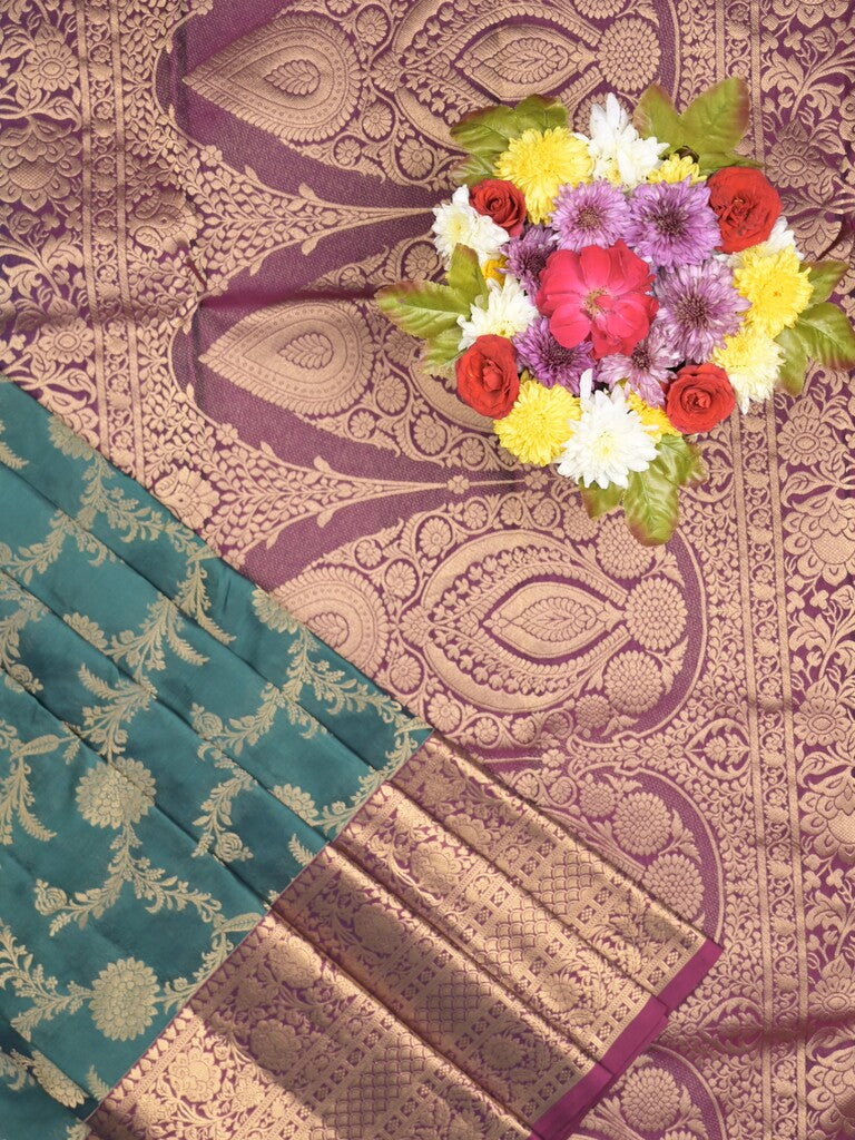 Kanchi pattu saree peacock blue color allover zari weaves & zari border with rich pallu and contrast plain blouse