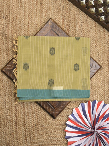 Kanchi cotton saree with allover motifs & contrast border with attached blouse