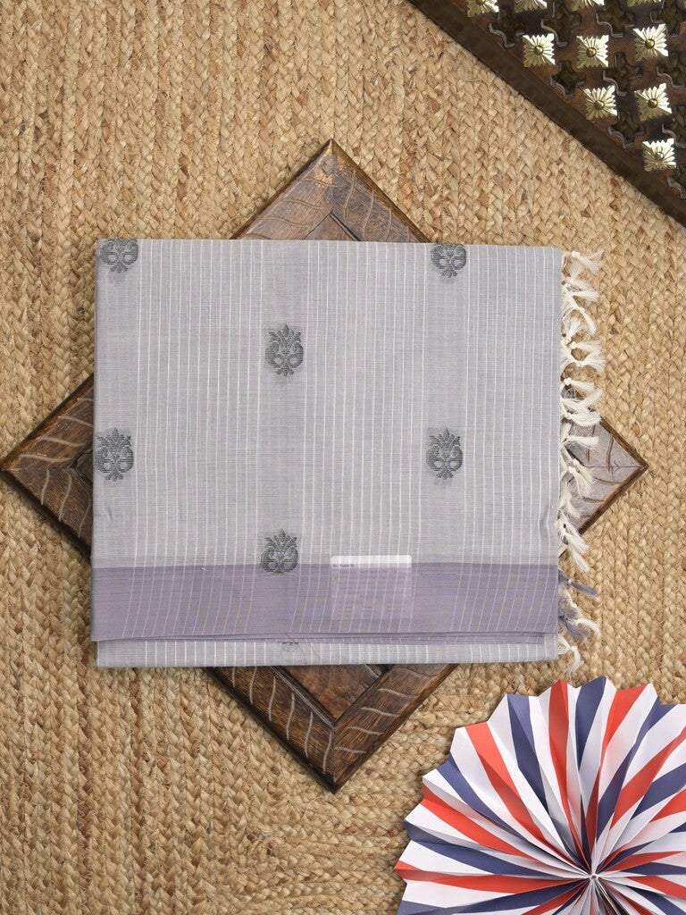 Kanchi cotton saree with allover motifs & contrast border with attached blouse