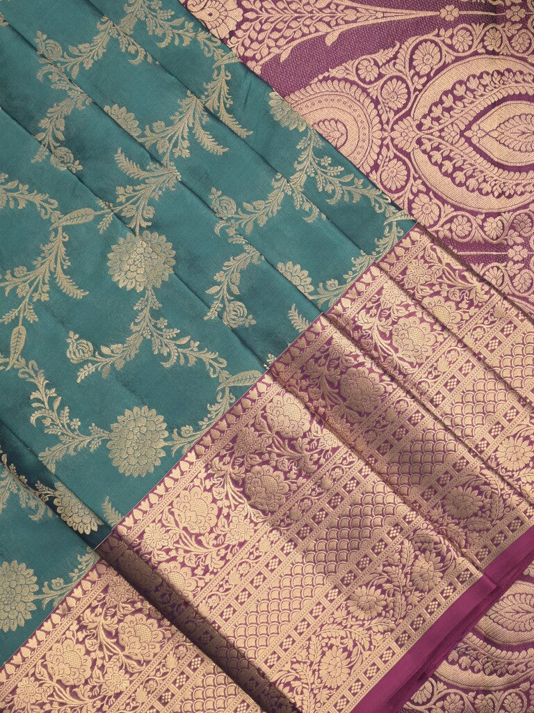 Kanchi pattu saree peacock blue color allover zari weaves & zari border with rich pallu and contrast plain blouse