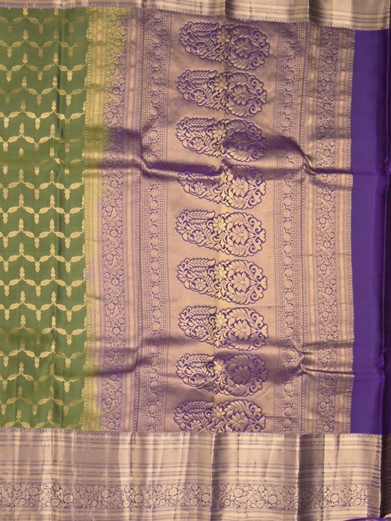 Kanchi pattu saree olive green color allover zari weaves & zari border with rich pallu and contrast plain blouse