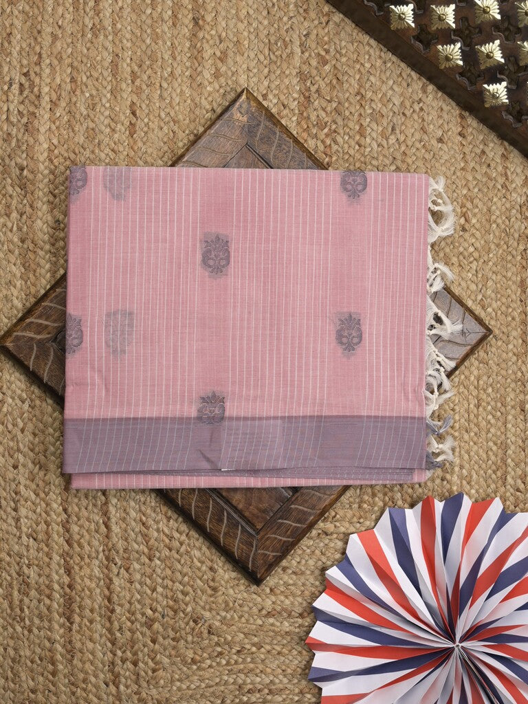 Kanchi cotton saree with allover motifs & contrast border with attached blouse