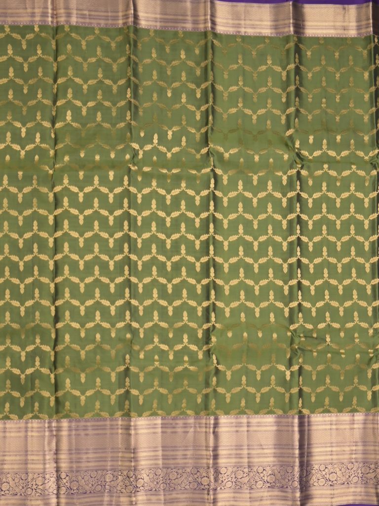 Kanchi pattu saree olive green color allover zari weaves & zari border with rich pallu and contrast plain blouse