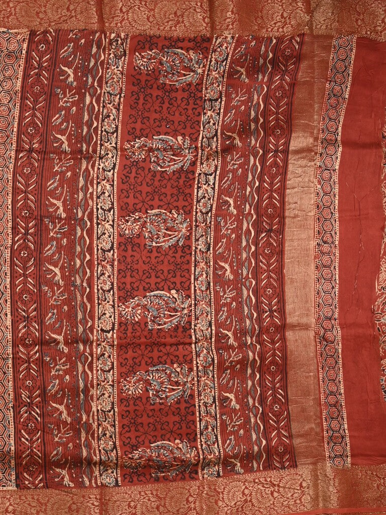 Maheshwari fancy saree maroon color allover prints & zari border with printed pallu and printed blouse