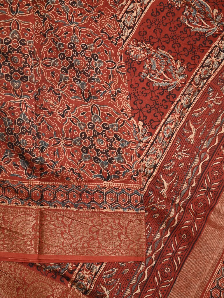 Maheshwari fancy saree maroon color allover prints & zari border with printed pallu and printed blouse