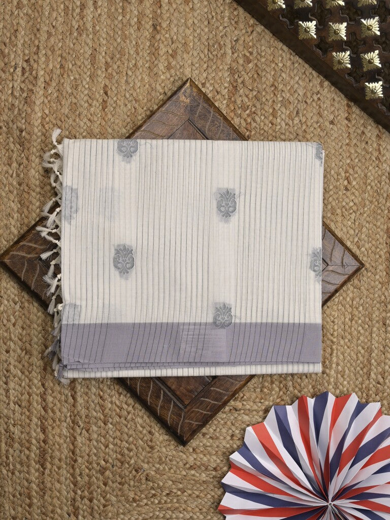 Kanchi cotton saree with allover motifs & contrast border with attached blouse
