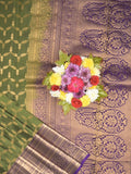 Kanchi pattu saree olive green color allover zari weaves & zari border with rich pallu and contrast plain blouse