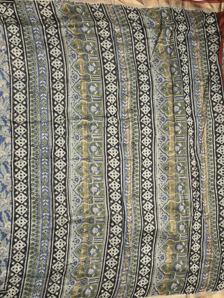 Maheshwari fancy saree navy blue color allover prints & zari border with printed pallu and printed blouse