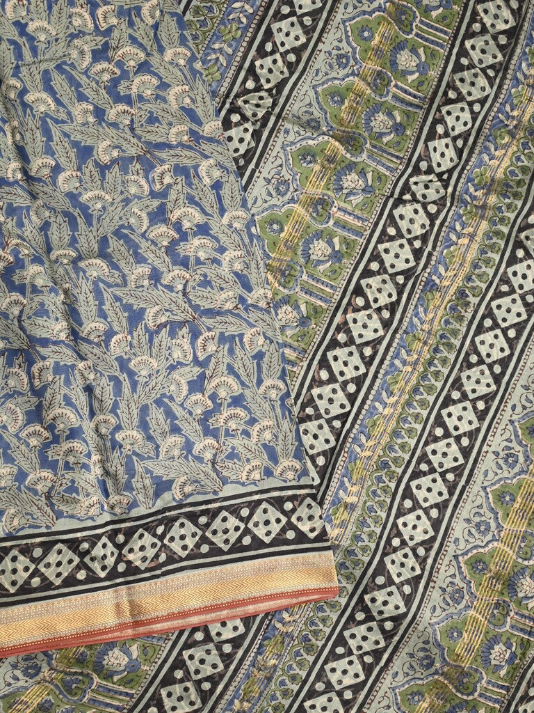 Maheshwari fancy saree navy blue color allover prints & zari border with printed pallu and printed blouse