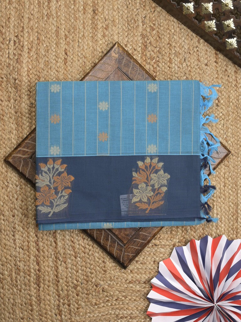 Kanchi cotton saree with allover motifs and contrast border paired with self-blouse