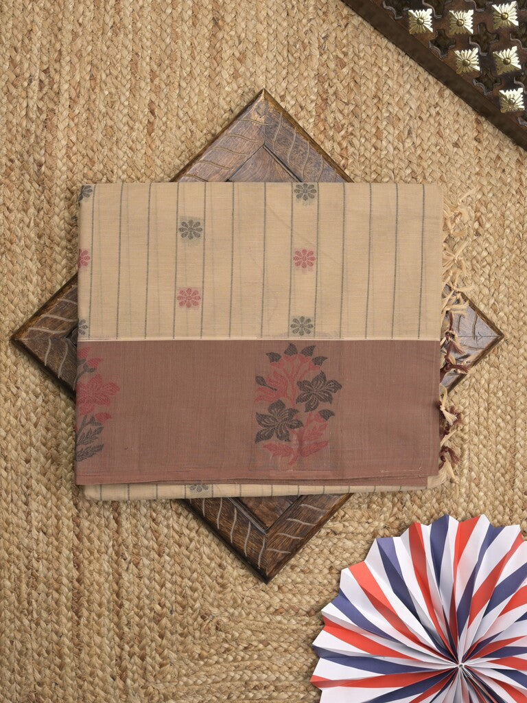 Kanchi cotton saree with allover motifs and contrast border paired with self-blouse