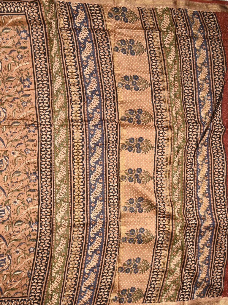 Maheshwari fancy saree light brown color allover prints & zari border with printed pallu and printed blouse