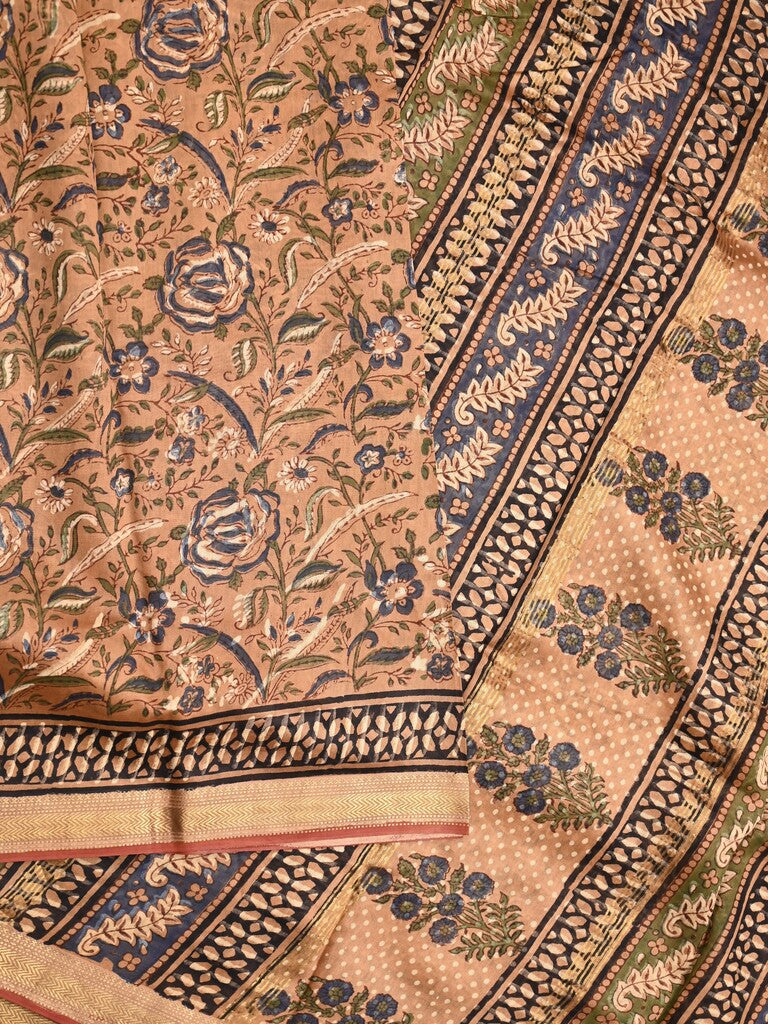Maheshwari fancy saree light brown color allover prints & zari border with printed pallu and printed blouse