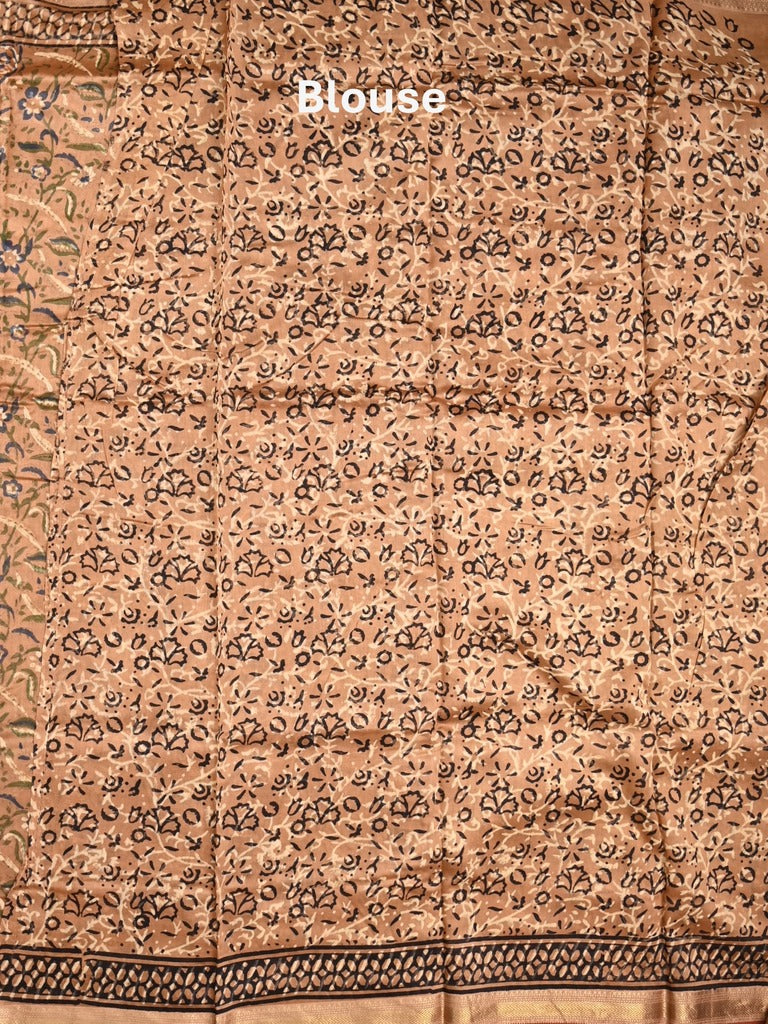 Maheshwari fancy saree light brown color allover prints & zari border with printed pallu and printed blouse