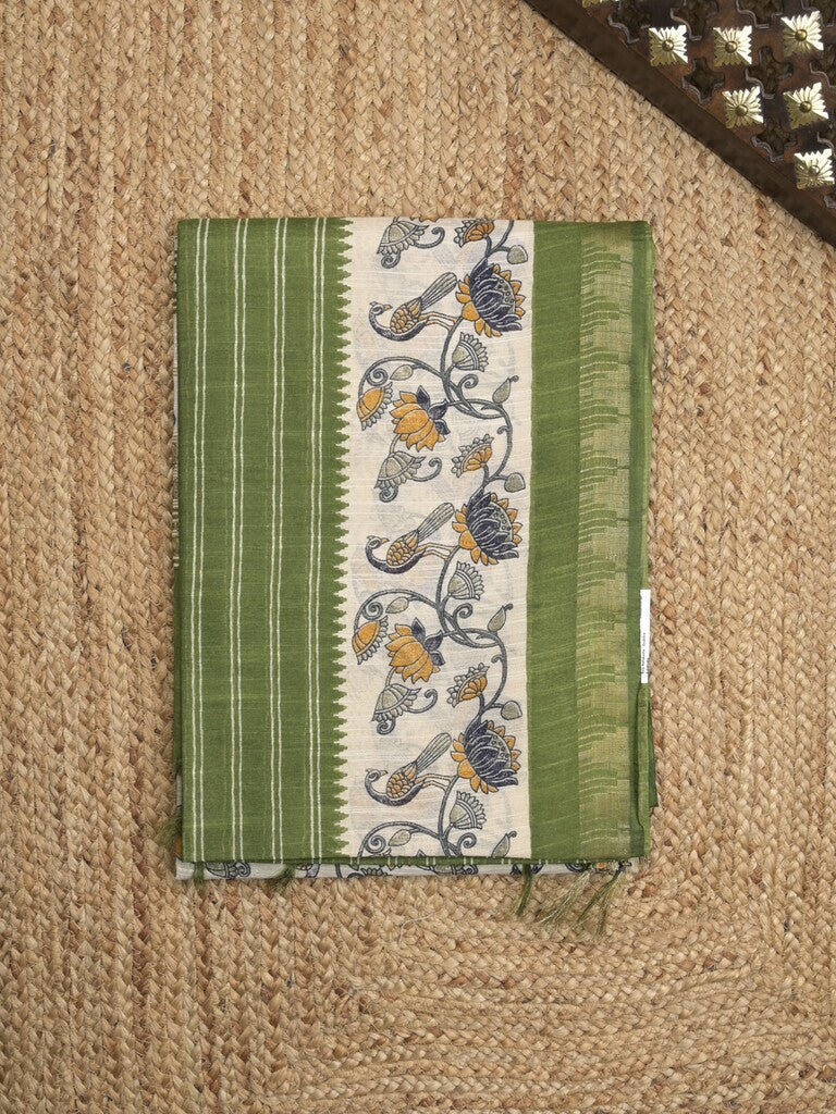 Tussar fancy saree with allover stripes and printed border with attached plain blouse