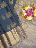 Kanchi pattu saree navy blue color allover zari motifs & zari border with rich pallu and contrast plain blouse