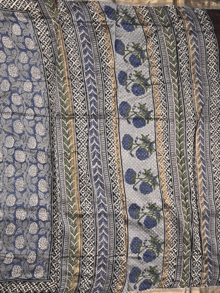 Maheshwari fancy saree navy blue color allover prints & zari border with printed pallu and printed blouse