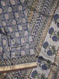 Maheshwari fancy saree navy blue color allover prints & zari border with printed pallu and printed blouse