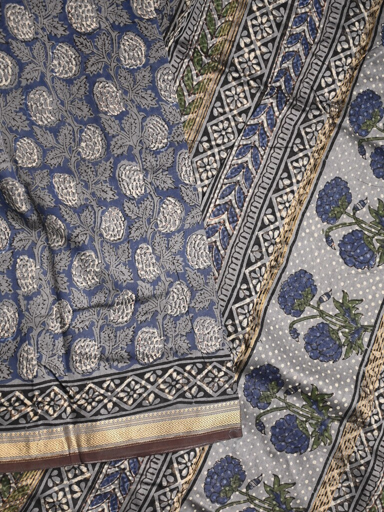 Maheshwari fancy saree navy blue color allover prints & zari border with printed pallu and printed blouse