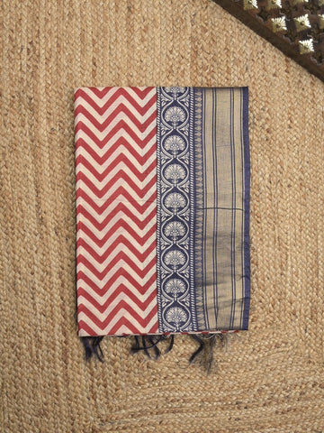 Tussar fancy saree allover stripes and zari border with printed blouse and contrast blouse