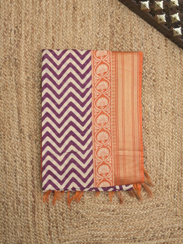 Tussar fancy saree allover stripes and zari border with printed blouse and contrast blouse