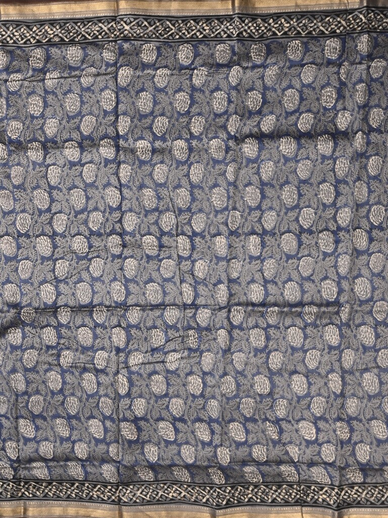 Maheshwari fancy saree navy blue color allover prints & zari border with printed pallu and printed blouse