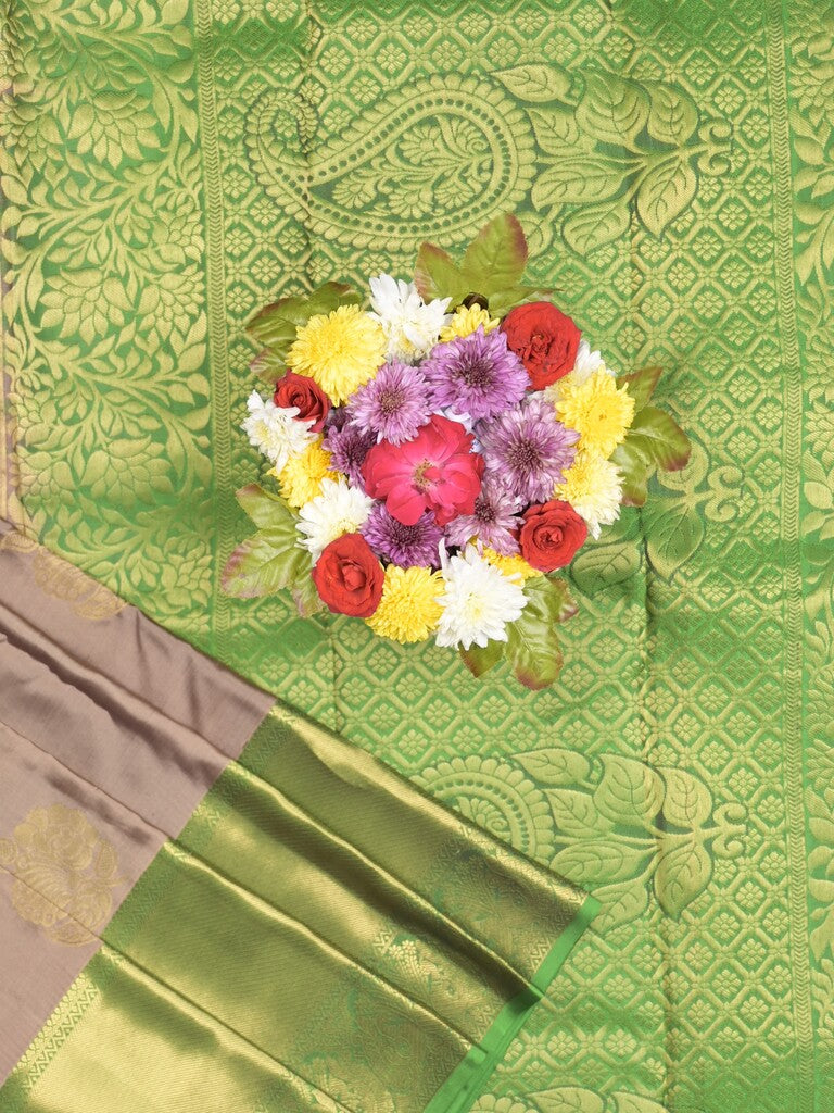 Kanchi pattu saree greyish purple color allover zari motifs & zari border with rich pallu and contrast plain blouse