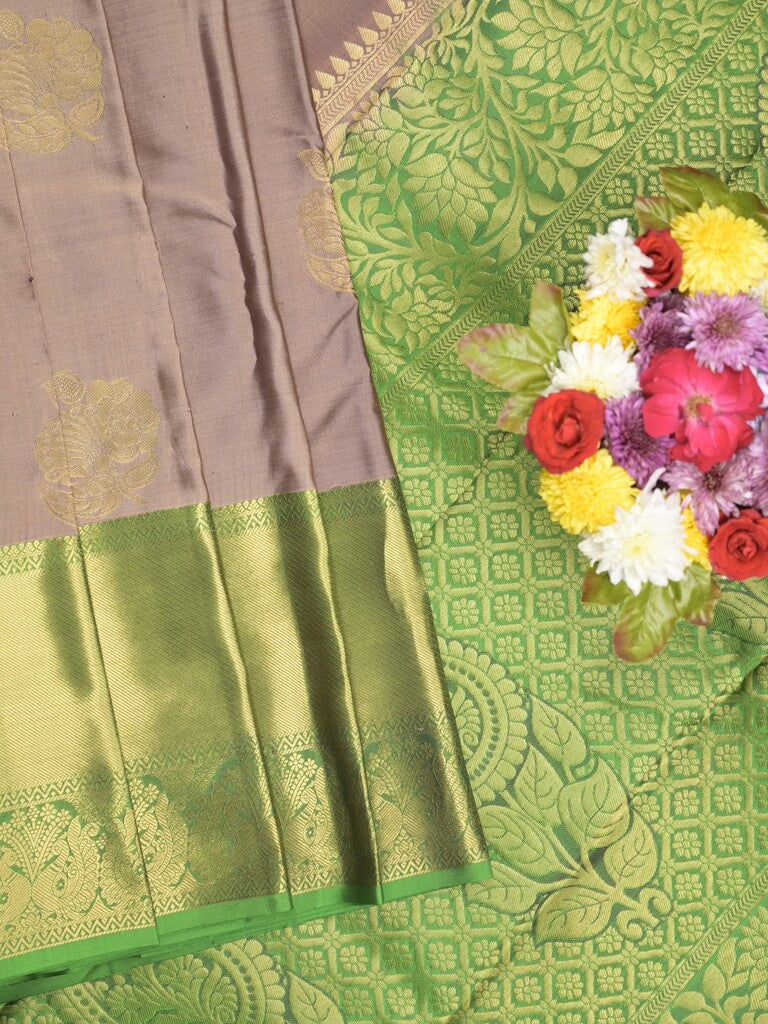 Kanchi pattu saree greyish purple color allover zari motifs & zari border with rich pallu and contrast plain blouse