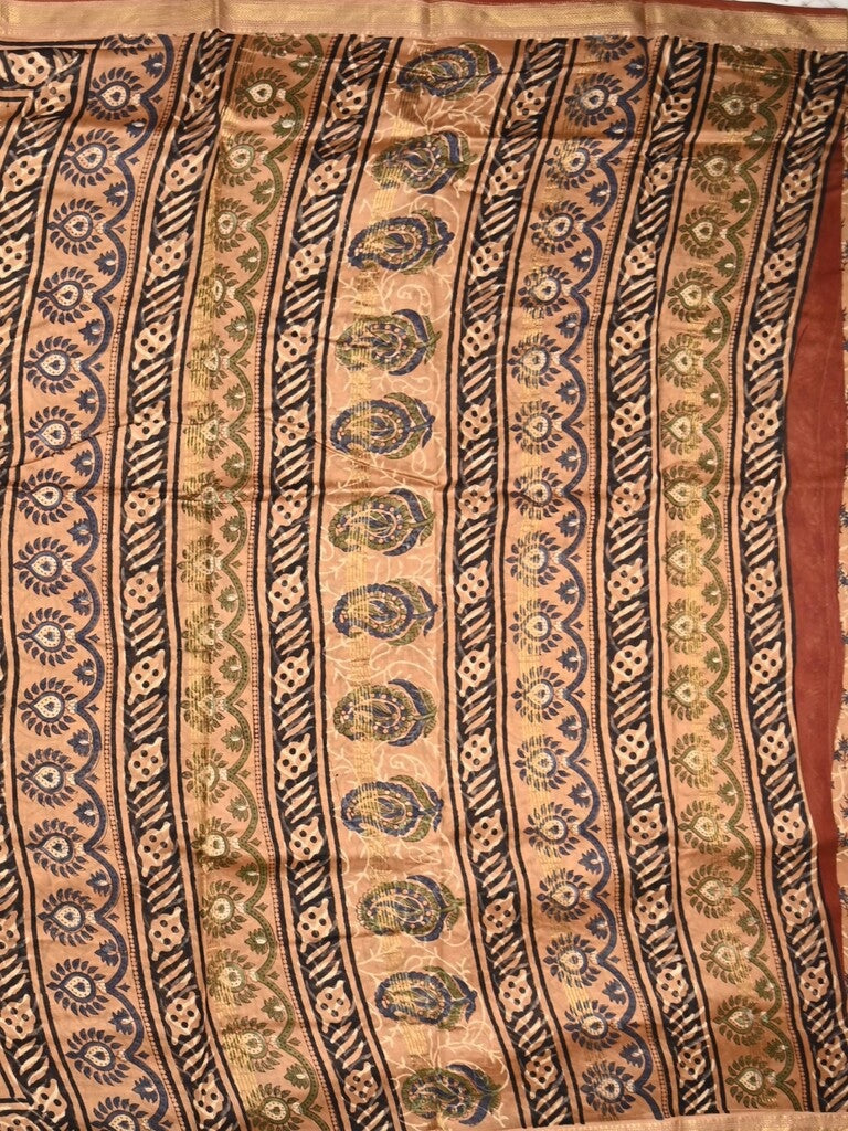 Maheshwari fancy saree light brown color allover prints & zari border with printed pallu and printed blouse