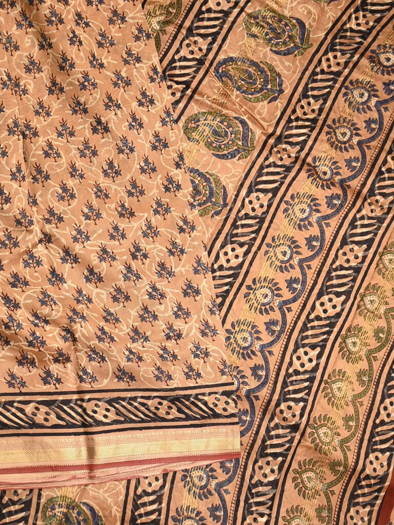Maheshwari fancy saree light brown color allover prints & zari border with printed pallu and printed blouse