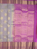 Kanchi pattu saree bluish grey color allover zari motifs & zari border with rich pallu and contrast plain blouse
