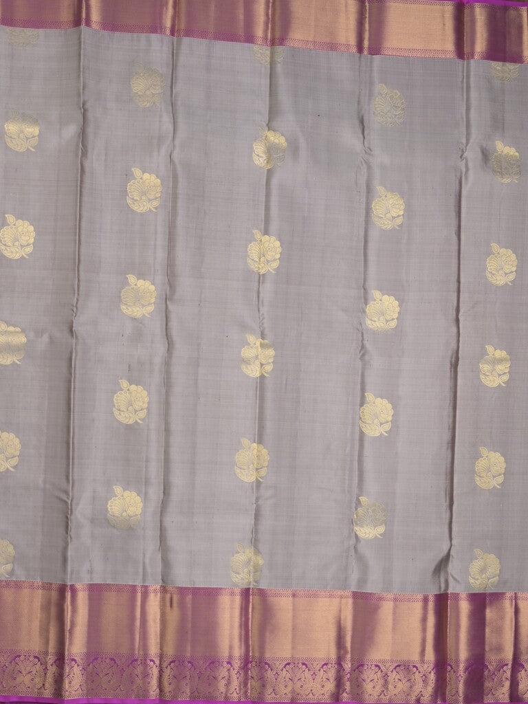 Kanchi pattu saree bluish grey color allover zari motifs & zari border with rich pallu and contrast plain blouse