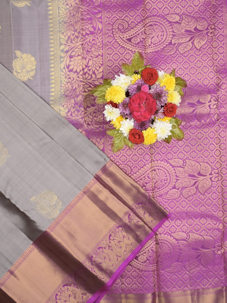 Kanchi pattu saree bluish grey color allover zari motifs & zari border with rich pallu and contrast plain blouse