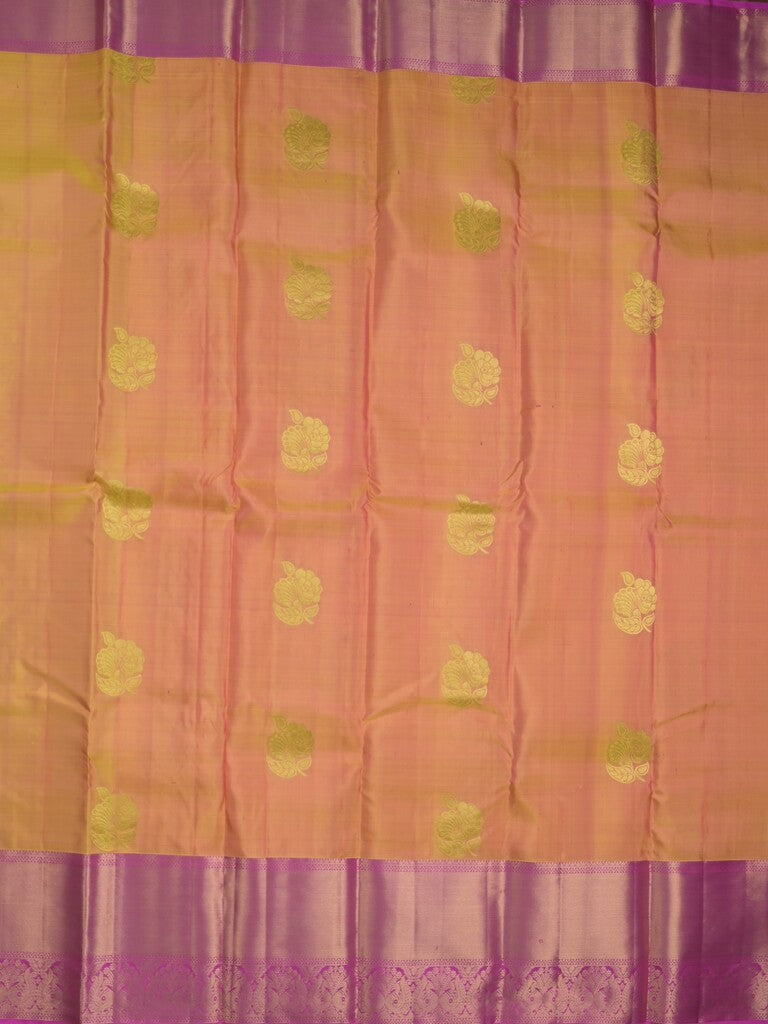 Kanchi pattu saree pinkish orange color allover zari motifs & zari border with rich pallu and contrast plain blouse