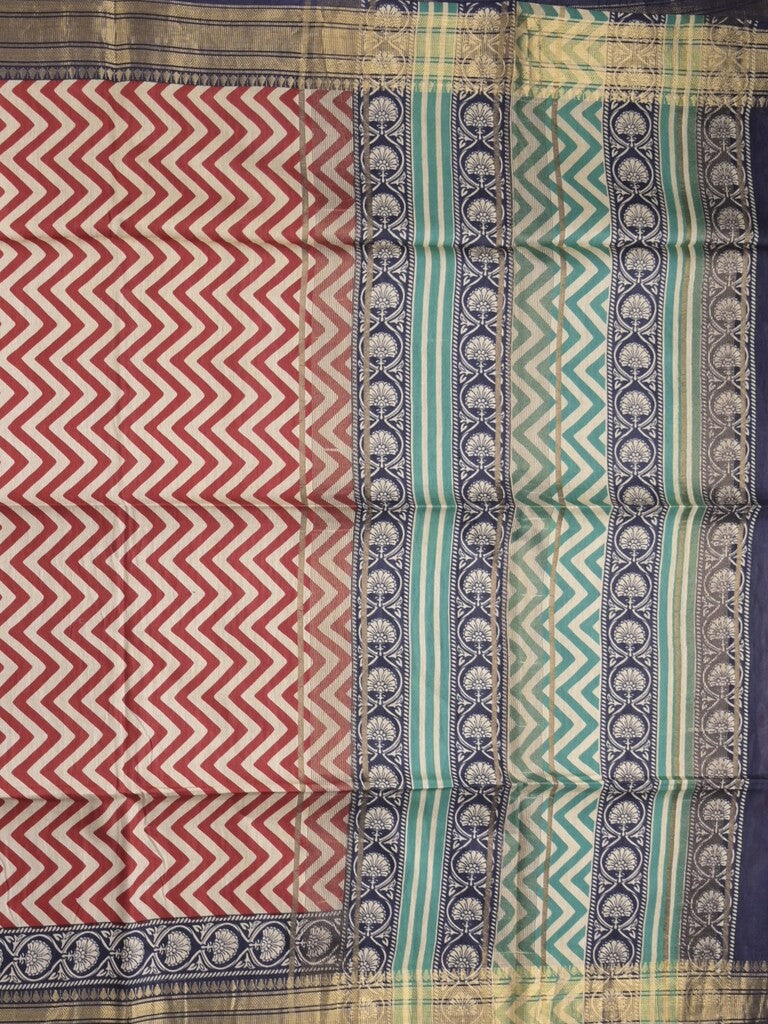 Tussar fancy saree allover stripes and zari border with printed blouse and contrast blouse