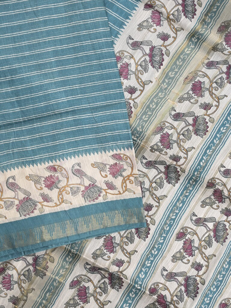 Tussar fancy saree with allover stripes and printed border with attached plain blouse