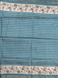 Tussar fancy saree with allover stripes and printed border with attached plain blouse