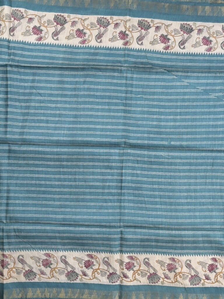 Tussar fancy saree with allover stripes and printed border with attached plain blouse