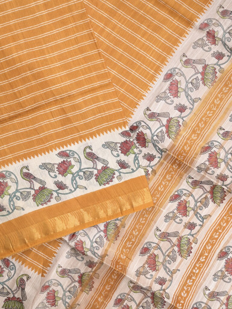 Tussar fancy saree with allover stripes and printed border with attached plain blouse