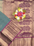 Kanchi pattu saree peacock blue color allover zari weaves & zari border with rich pallu and contrast plain blouse