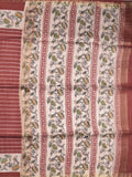 Tussar fancy saree with allover stripes and printed border with attached plain blouse