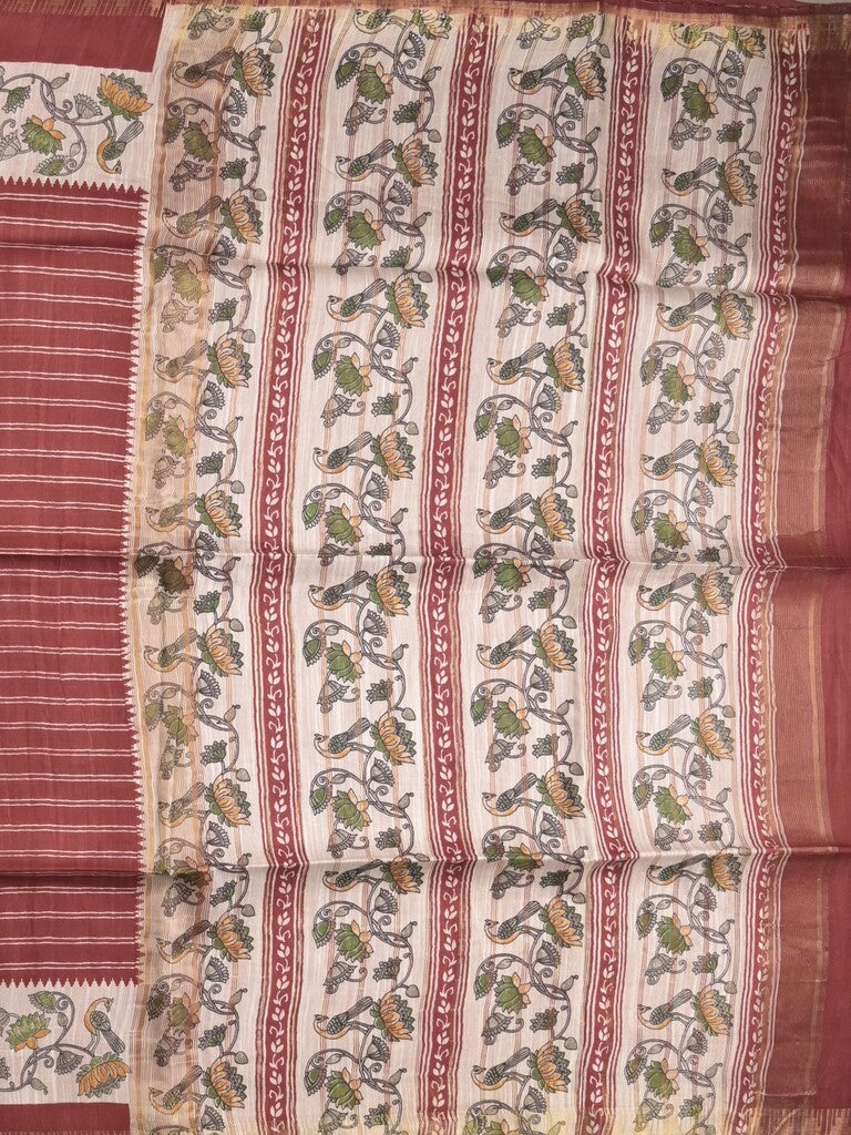 Tussar fancy saree with allover stripes and printed border with attached plain blouse