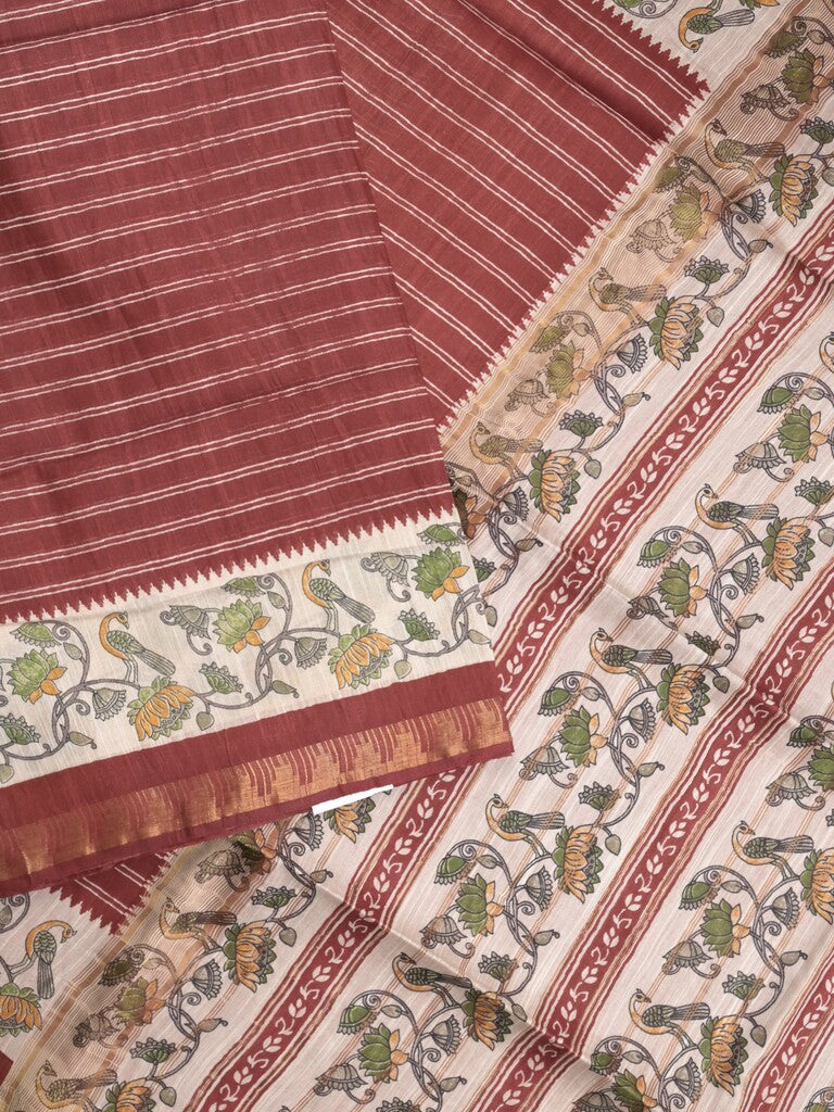Tussar fancy saree with allover stripes and printed border with attached plain blouse