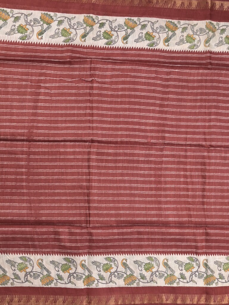 Tussar fancy saree with allover stripes and printed border with attached plain blouse