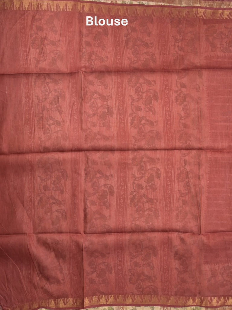 Tussar fancy saree with allover stripes and printed border with attached plain blouse