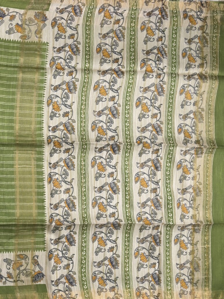 Tussar fancy saree with allover stripes and printed border with attached plain blouse