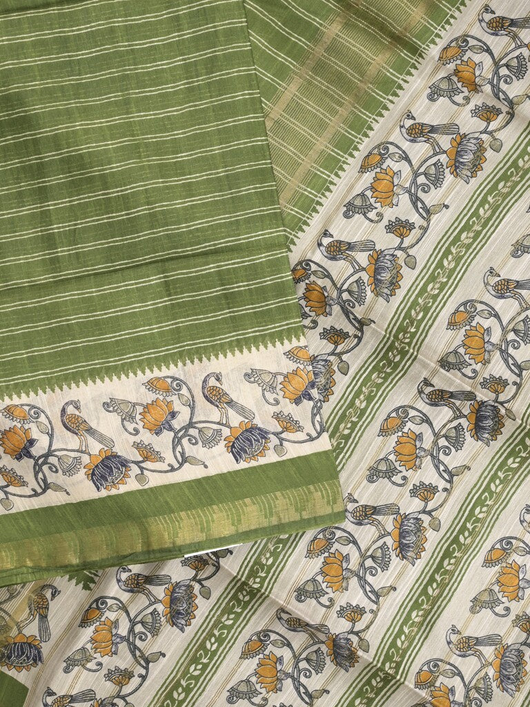 Tussar fancy saree with allover stripes and printed border with attached plain blouse