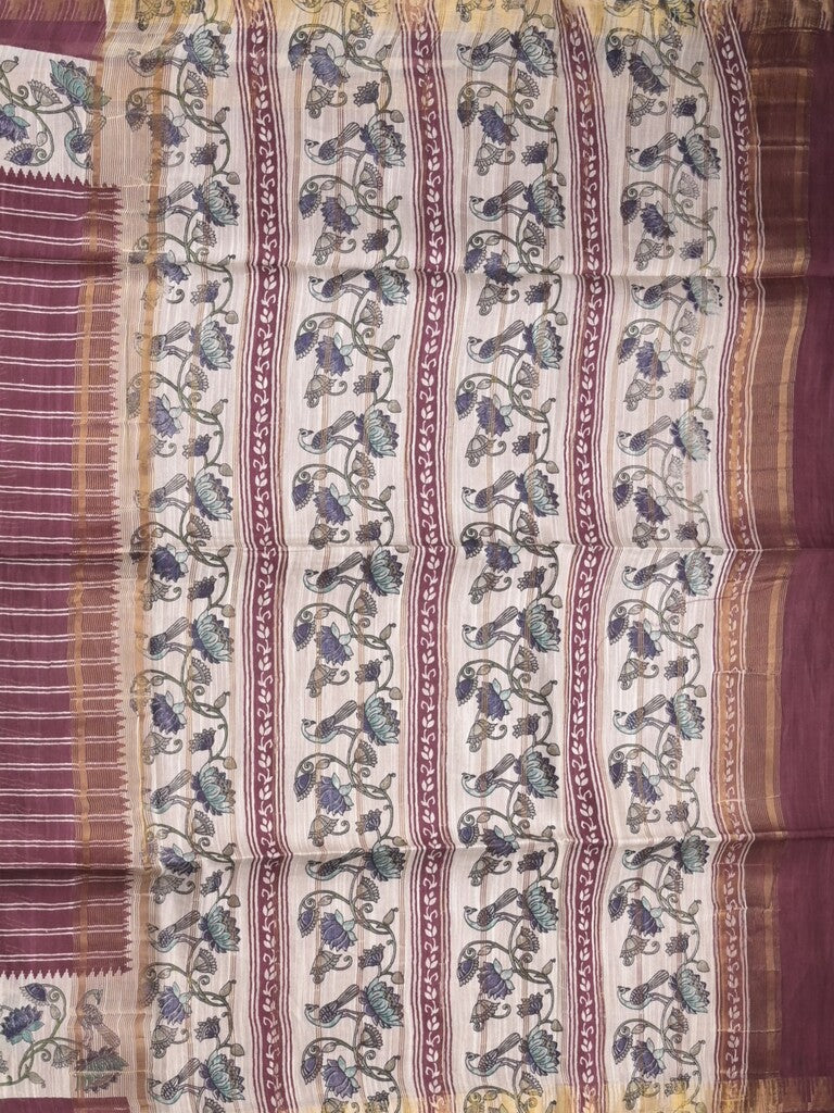 Tussar fancy saree with allover stripes and printed border with attached plain blouse
