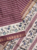 Tussar fancy saree with allover stripes and printed border with attached plain blouse